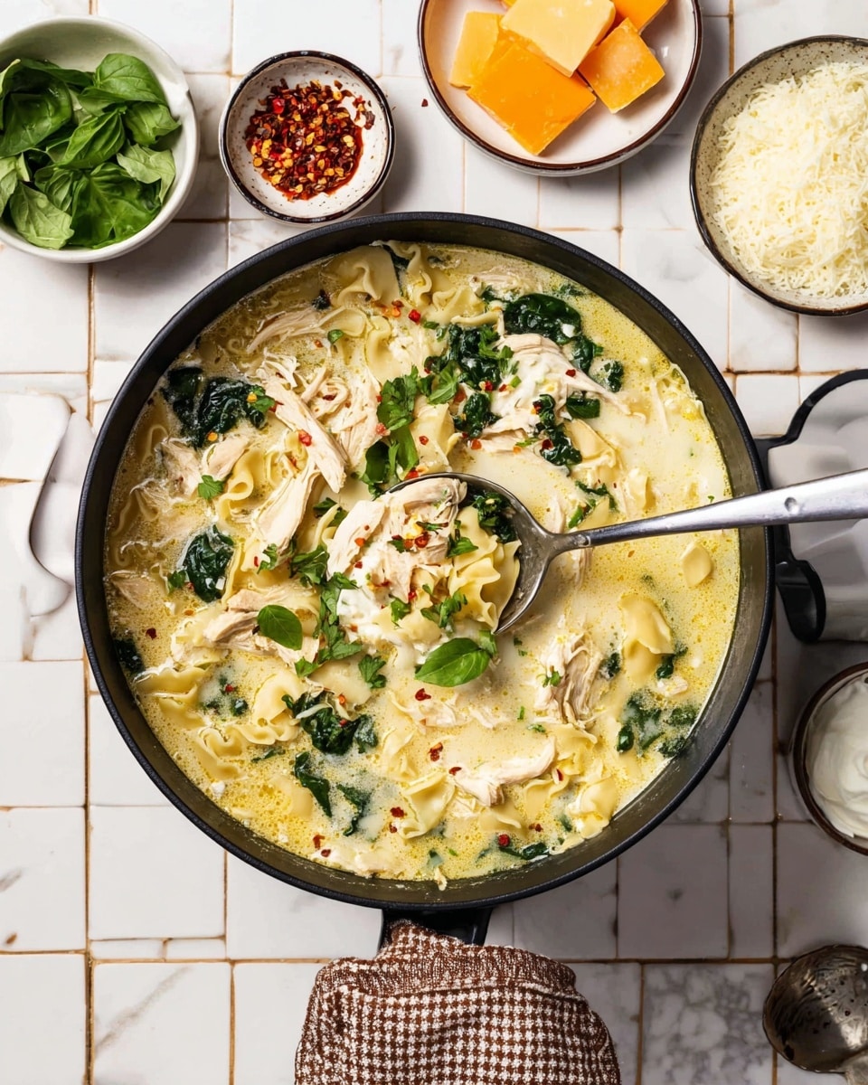 A black pot filled with creamy soup layered with soft yellow pasta, shredded white chicken pieces, and wilted dark green spinach leaves, topped with fresh bright green basil clippings scattered around. The soup has a smooth, light yellow, creamy texture with occasional red pepper flakes. A silver ladle is partially submerged in the soup inside the pot, resting on the right side. The pot sits on a white marbled tiled surface with bowls around it: a white bowl of fresh green basil leaves at the bottom left, a white bowl of red chili flakes above it, a small white plate on the top right with a block of orange cheese beside some white shredded cheese, and a white bowl with a dollop of white cream or sour cream at the far top right. A brown and white checkered cloth is draped beneath the pot handle on the right side. photo taken with an iphone --ar 4:5 --v 7