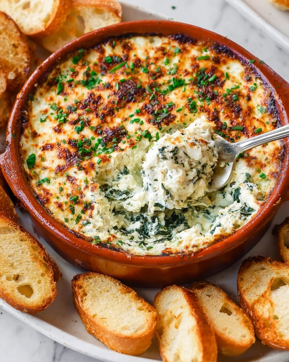 A close-up of a layered spinach and cheese dip inside a round terracotta dish, with the top layer golden brown and bubbly, dotted with green chopped herbs, and the creamy white and green spinach cheese dip underneath visible where a silver spoon scoops it out. Surrounding the dish are several toasted golden-brown sliced baguettes, arranged on a white plate with a white marbled background. The texture shows a mix of smooth creamy cheese, browned crispy spots, and fresh chopped green herbs on top. Photo taken with an iphone --ar 4:5 --v 7