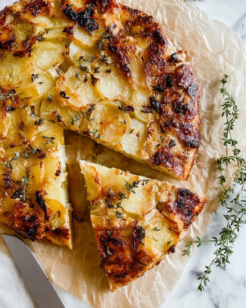 A close-up of a rustic, golden-brown potato galette on parchment paper with a crisp, browned crust wrapped around the edges; inside, there are several thin layers of soft, creamy light yellow potato slices interspersed with small bits of herbs and browned bits, giving texture and color variation; some slices are slightly charred and caramelized on top, adding a rich golden to dark brown hue; the galette is partly cut into three pieces with a knife positioned on the side on a white marbled surface, and fresh green thyme sprigs lay nearby; photo taken with an iphone --ar 4:5 --v 7