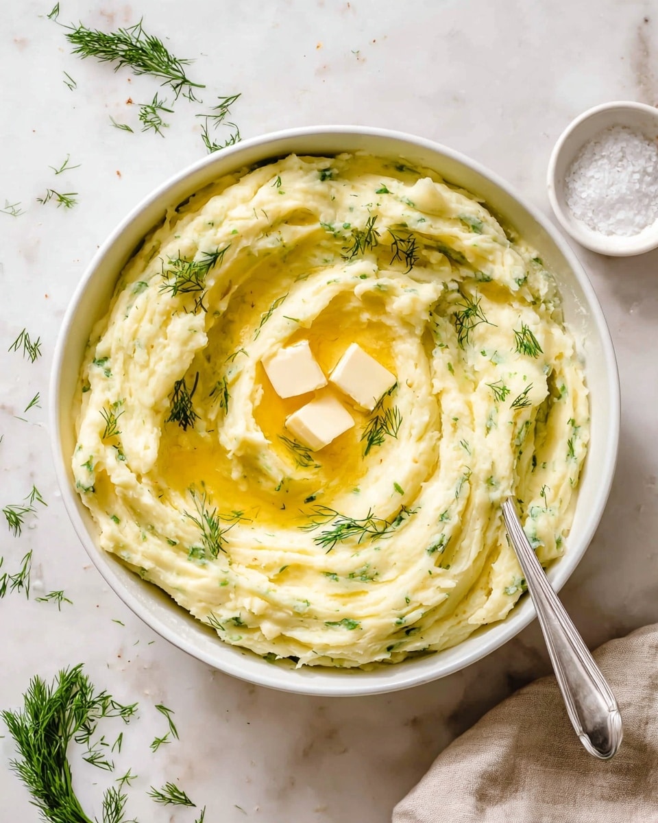 The image shows a white bowl filled with creamy mashed potatoes that have small green dill pieces mixed in. The mashed potatoes have a smooth, fluffy texture with swirled peaks and valleys. In the center, there is a small pool of melted golden-yellow butter with two solid butter chunks partially melted on top. Fresh green dill sprigs are scattered on the surface, adding a fresh touch. A silver spoon rests inside the bowl near the center, partially covered by the mashed potatoes. The bowl sits on a white marbled surface with some scattered dill sprigs and a small white dish of coarse salt nearby. A soft beige cloth is partially visible in the bottom right corner. photo taken with an iphone --ar 4:5 --v 7