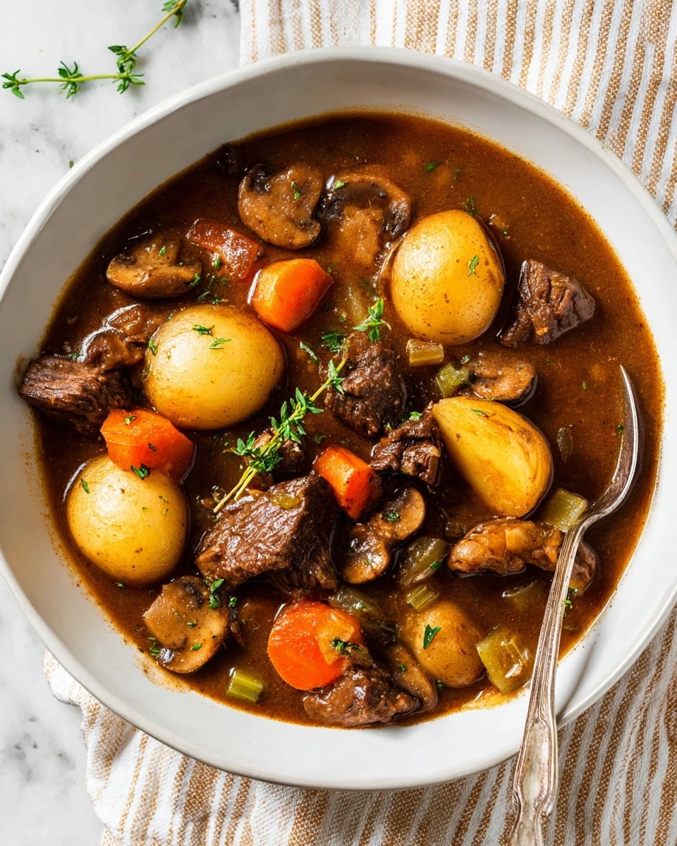 A white bowl filled with a rich brown stew that has large chunks of beef, whole and halved round yellow potatoes, orange carrot pieces, light green celery, and sliced brown mushrooms. The stew looks thick with a glossy texture, and fresh green thyme leaves are scattered on top. A silver spoon is partially submerged on the right side of the bowl. The bowl sits on a cloth with thin beige and white stripes over a white marbled surface. Photo taken with an iphone --ar 4:5 --v 7