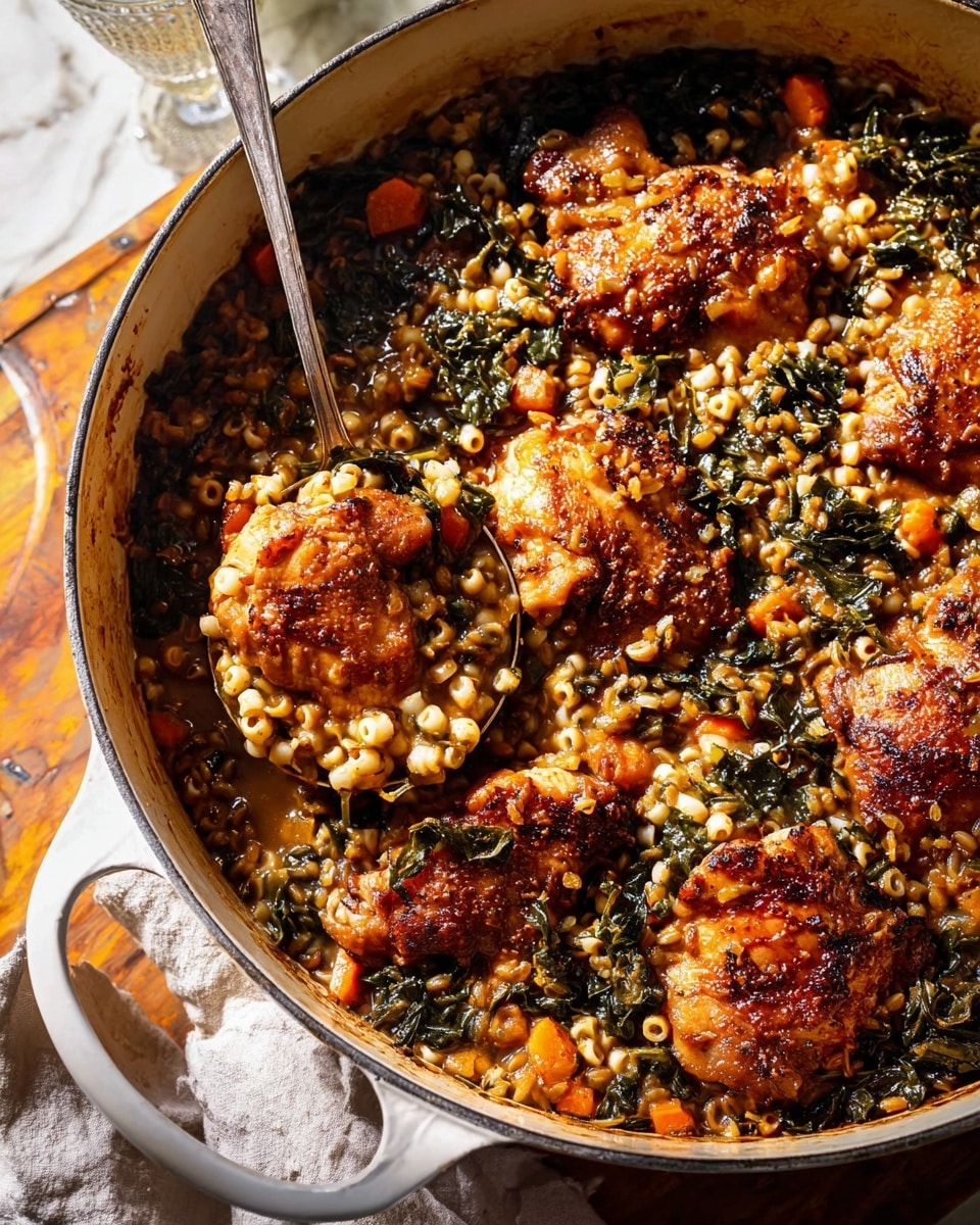 A close-up of a white cast-iron pot filled with a warm, hearty dish consisting of several large, browned chicken pieces nestled among a mix of grains and small round pasta pearls. The base layer has a mix of light yellow lentils and dark wild rice, textured with cooked carrots and wilted dark green leafy vegetables, all coated in a glossy sauce. The chicken pieces on top show a rich caramel color and slight crispiness, scattered evenly throughout the grain mixture. A silver spoon rests inside the pot, slightly lifting a portion to show the thick, mixed textures underneath. The pot is placed on a wooden surface with a white marbled texture overlay, and soft natural light brightens the food, highlighting its rich colors and textures. photo taken with an iphone --ar 4:5 --v 7