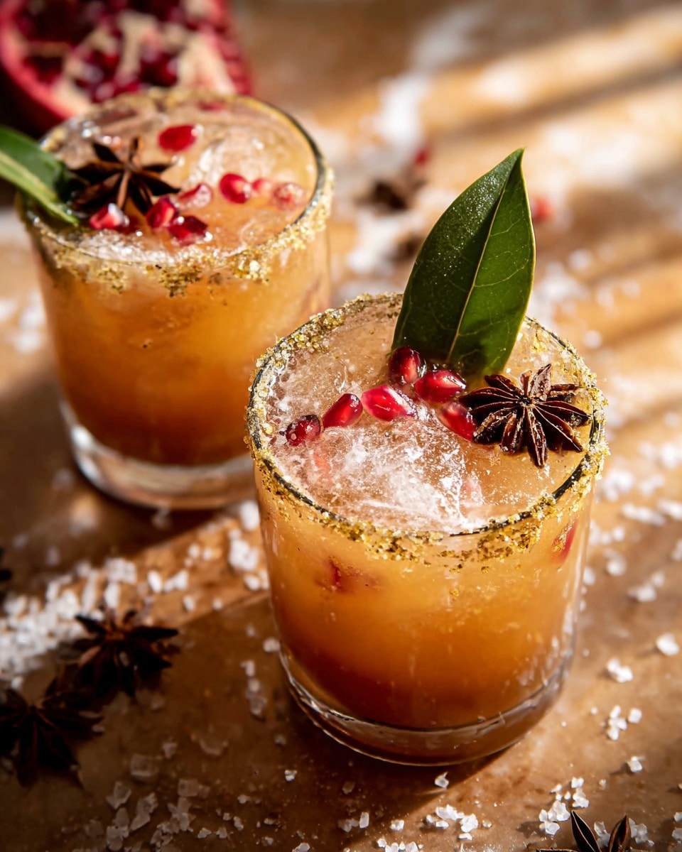 Two short clear glasses filled with an orange-brown drink, each layered with ice cubes making the top look frosty and uneven. The rims of the glasses are coated thickly with coarse golden sugar crystals. On the top surface of each drink, there are bright red pomegranate seeds scattered, a single fresh green leaf with visible veins placed upright, and a dark brown star anise spice. The glasses sit on a warm brown surface scattered with coarse salt and star anise pods, though the surface and background are adjusted to a white marbled texture. The scene is warmly lit with shadows adding depth and a cozy feel. Photo taken with an iphone --ar 4:5 --v 7