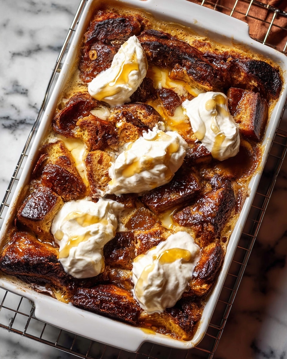 A white rectangular baking dish filled with a layered bread pudding featuring a deep golden brown top layer of toasted, slightly crisped bread pieces, with darker charred edges showing rich caramelization. Pockets of glossy, melted cream or custard ooze between the bread chunks, adding a soft, shiny texture. Several dollops of thick cream or whipped topping are unevenly placed on top, creamy white with smooth swirls, some drizzled lightly with a golden syrup or honey. The dish sits on a white marbled surface with a wire rack underneath, adding contrast and a homey feel. photo taken with an iphone --ar 4:5 --v 7