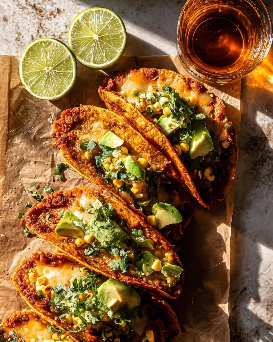 The image shows several quesadilla halves with a golden-brown crispy outer layer, each folded over with melted cheese visible at the edges. They are sprinkled with chopped fresh green cilantro leaves and small pieces of grilled corn kernels on top. Alongside the quesadillas are slices of fresh avocado with a smooth, light green texture. In the upper left corner, two lime halves with a shiny, juicy inside rest on the paper. The food is arranged on parchment paper that covers a white marbled surface. To the right, there is a glass of a dark amber drink with ice cubes. Photo taken with an iphone --ar 4:5 --v 7
