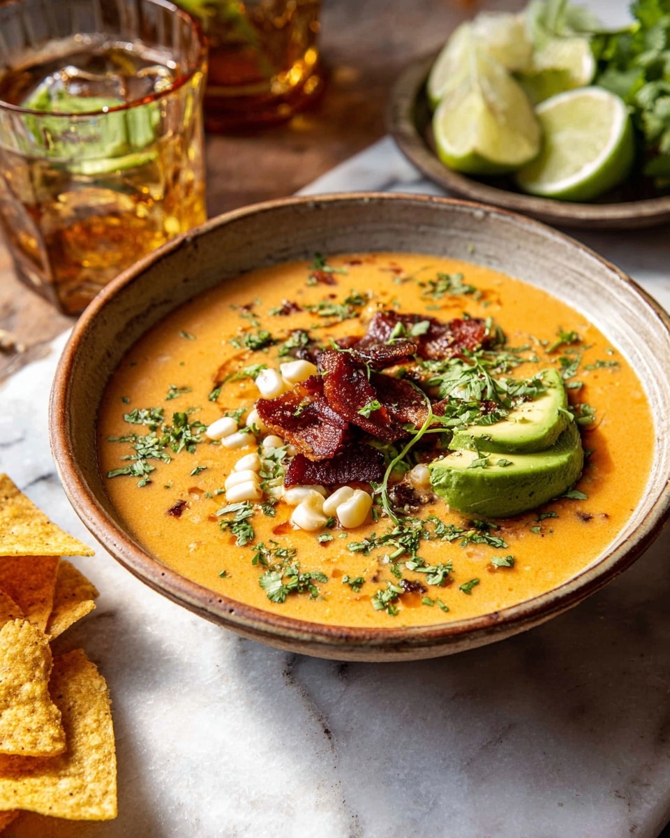 The image shows a bowl of thick orange soup with a smooth texture, placed on a white marbled surface. The soup has several toppings arranged on top: scattered white corn kernels, small pieces of crispy dark brown bacon, bright green slices of avocado on one side, and chopped fresh green herbs sprinkled over everything. The bowl itself is light brown with a rustic look. Around the bowl, there are a few golden-brown crispy tortilla chips, two lime halves cut lengthwise, and a glass of amber liquid with herbs inside. Photo taken with an iphone --ar 4:5 --v 7