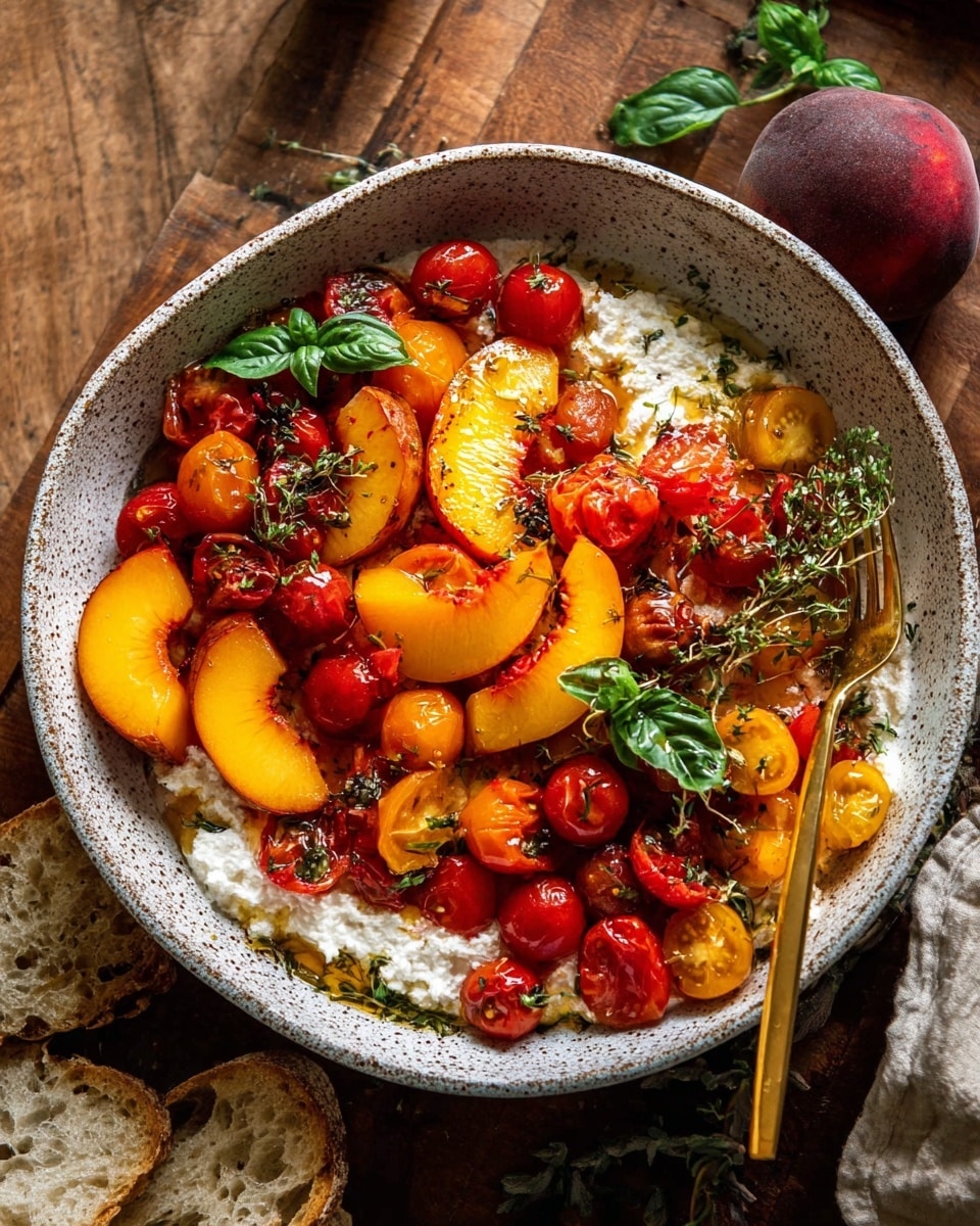 A round white speckled bowl holds a colorful fruit and cheese dish with multiple layers, set on a wooden surface. The bottom layer is creamy white cheese with a soft texture, topped with a mix of halved red and golden cherry tomatoes that are shiny and juicy. Large slices of bright orange peaches with deep red centers are scattered on top, adding a fresh look. Fresh green basil and thyme leaves are placed throughout the dish, giving a touch of green and freshness. A golden fork rests inside the bowl, with a few tomatoes near its prongs, and a piece of crusty bread sits beside the bowl. The overall look is vibrant and fresh. Photo taken with an iphone --ar 4:5 --v 7