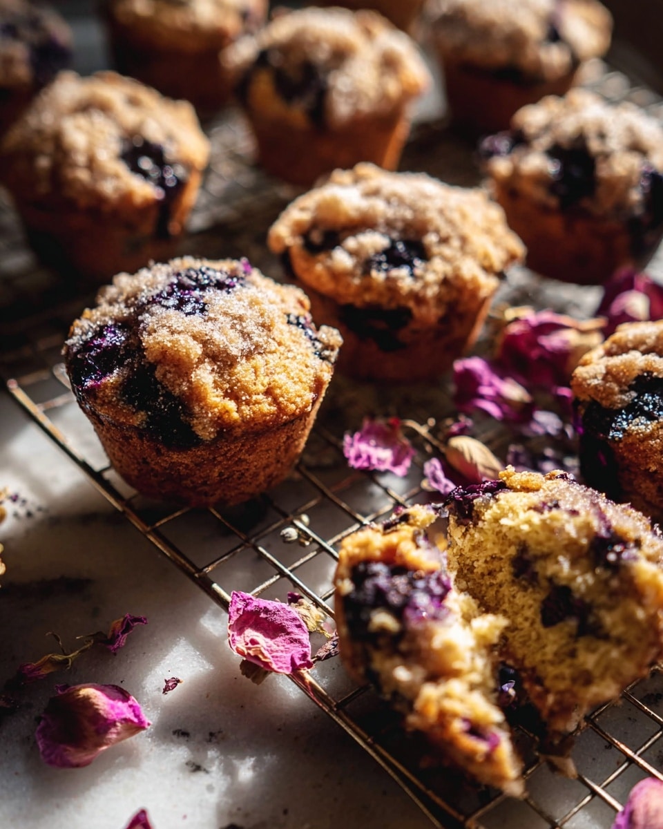 A close-up of several blueberry muffins with a crumbly, golden-brown top sprinkled with sugar, showing bursting dark purple blueberries inside. The muffins sit scattered on a metal cooling rack over a white marbled surface. Some dried pink and cream flower petals are also placed on the rack around the muffins. One muffin in the front is partially unwrapped, revealing soft, yellow cake texture with blueberries. Warm sunlight hits the muffins, casting soft shadows and giving a cozy feel. Photo taken with an iphone --ar 4:5 --v 7