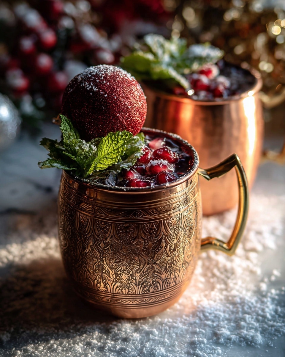 Two ornate copper mugs with detailed patterns and golden handles hold a dark liquid topped with bright red pomegranate seeds and fresh green mint leaves dusted lightly with white powder. One mug is in the foreground fully visible, while the second is slightly behind and to the left, topped with a large red glittery Christmas ornament resting on the rim. The mugs sit on a white marbled surface dusted with snow-like powder, with soft warm lighting creating cozy shadows and hinting at festive decorations blurred in the background. Photo taken with an iphone --ar 4:5 --v 7