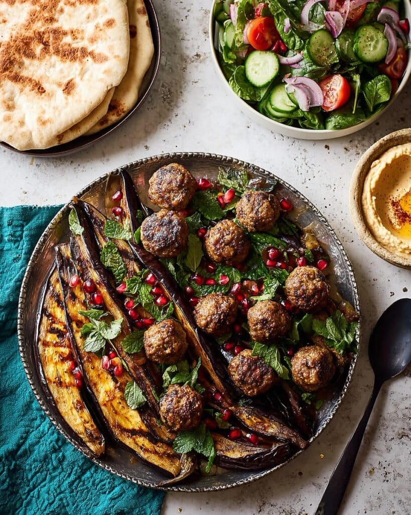 Iraqi Lamb Kofta Kebabs with Roasted Aubergines and Pomegranate Seeds Recipe