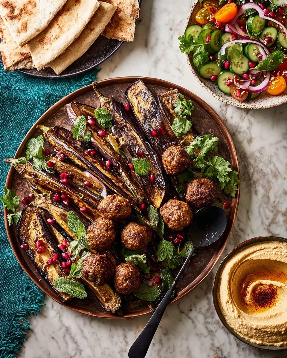 A large round bronze plate holds a mix of foods, with a layer of long, charred eggplant slices that are dark purple with caramelized edges, arranged diagonally and overlapping. On top, there are several golden-brown meatballs scattered, some touching the eggplant, garnished with fresh green leaves like cilantro and mint, and dotted with bright red pomegranate seeds. To the top right, a white bowl filled with fresh salad shows layers of green spinach, sliced light green cucumbers, quartered red tomatoes, and thin rings of purple onion, all mixed and topped with herbs. On the right side, a white bowl contains creamy beige hummus, swirled with a small pool of olive oil and light sprinkle of spices, with a black spoon resting inside. To the top left, folded slices of pale pita bread rest on a teal cloth. All items are set on a white marbled surface. Photo taken with an iphone --ar 4:5 --v 7
