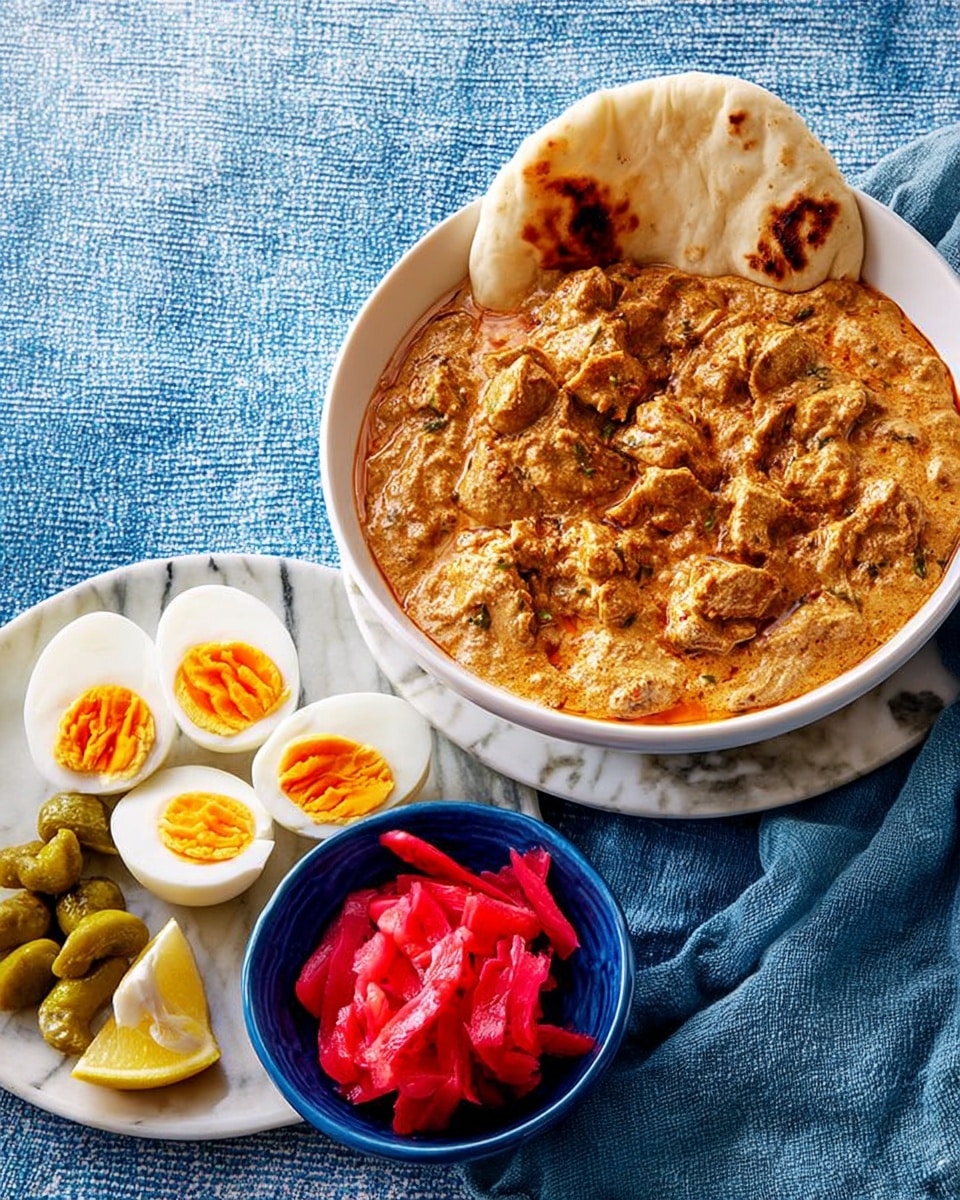 The image shows a white bowl filled with a thick, creamy curry that has a mix of brown and orange colors and visible chunks of meat or vegetables, topped with a piece of lightly browned naan bread hanging over the edge. Below it, there is a white plate holding three halved boiled eggs with bright orange yolks and firm whites. Next to the eggs is a small blue bowl containing bright red pickled cubes, several greenish-yellow pepperoncini peppers, and a lemon wedge on top. The dishes are placed on a blue cloth with a white marbled texture under it. photo taken with an iphone --ar 4:5 --v 7