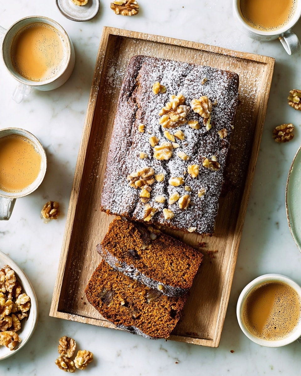 A loaf of dark brown nut bread sits on a light wooden tray, topped with chopped walnuts and a light dusting of powdered sugar, showing a rough textured top layer. Two thick slices are cut and placed at the bottom of the tray, revealing a dense, moist inside with visible pieces of nuts embedded. Around the tray, there are three white cups of coffee with light brown frothy tops and a small white bowl filled with whole walnuts on a white marbled surface. The scene is bright and clean, focused on the bread and accompanying coffee. photo taken with an iphone --ar 4:5 --v 7