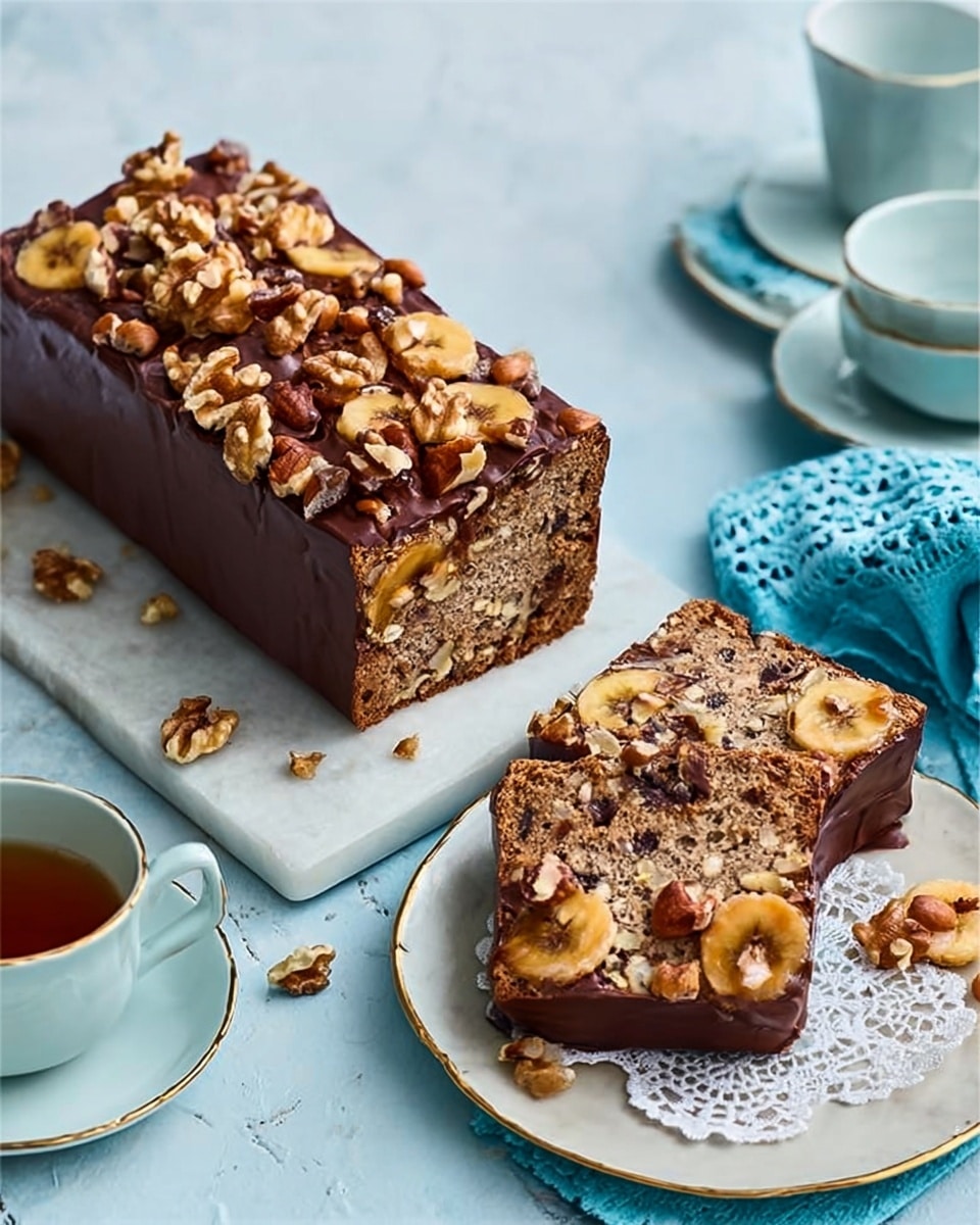 The image shows a rectangular chocolate cake with a glossy chocolate topping covered in various nuts and dried banana chips, placed on a light blue surface. The cake has two visible layers: the thick chocolate-covered top layer with nuts and banana chips, and the soft, brown, nut-filled cake layer beneath. Two slices of the cake are lying flat in front of the main piece, showing the dense texture with dark specks and walnuts inside. Next to the cake is a white plate with a gold rim that holds more nuts and dried banana chips. A blue napkin with a lace edge sits to the right, and two white teacups with saucers are stacked in the top left corner. The background is a white marbled texture. Photo taken with an iphone --ar 4:5 --v 7