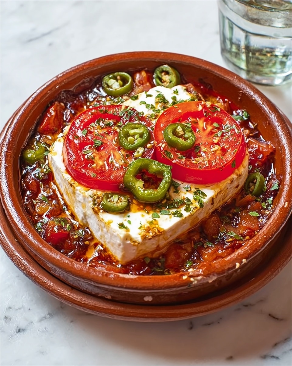 A round earthenware dish filled with a thick red sauce forms the base layer, topped with a large block of white cheese centered in the dish. On the cheese block, there are two bright red tomato slices and several sliced green chili peppers, scattered evenly on both the cheese and the red sauce. Small bits of herbs and garlic are visible throughout, adding texture and color contrast. The dish rests on a white marbled surface, and a clear glass is partially visible at the right edge of the image. photo taken with an iphone --ar 4:5 --v 7