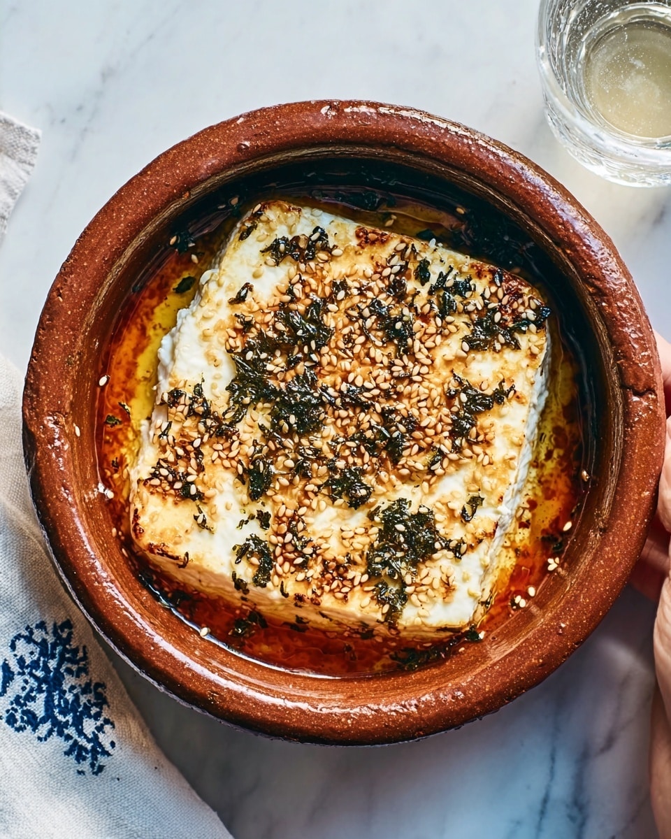 The image shows a single thick white block of baked cheese in a round brown clay dish. The cheese is covered with golden toasted sesame seeds scattered all over the top, with small bits of dark green herbs spread unevenly on the surface. The cheese looks soft and slightly browned at the edges, sitting in a reddish oily liquid inside the dish. A woman's hand holds the edge of the dish from the top right corner. The dish is placed on a white marbled surface next to a white cloth with a blue pattern and a clear glass of water. photo taken with an iphone --ar 4:5 --v 7