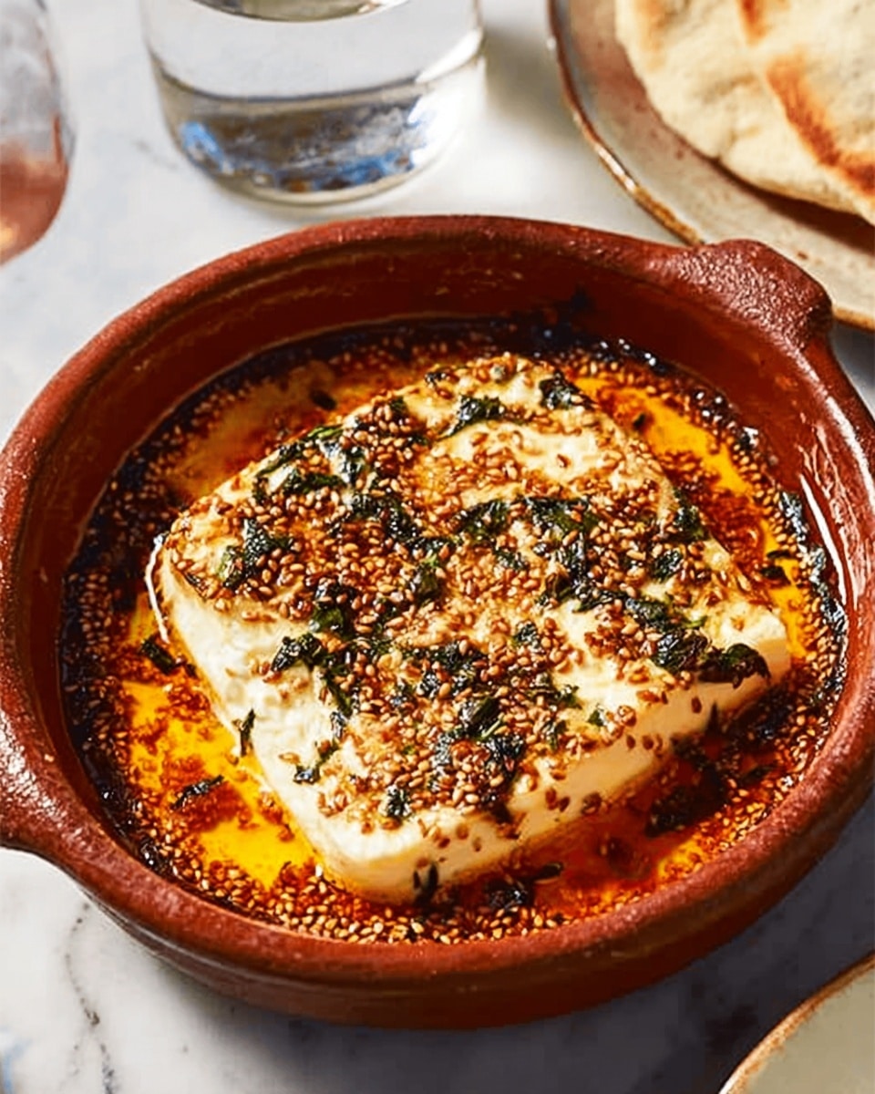 A close-up view of a deep, round, brown clay pot containing a large block of white cheese covered with small toasted sesame seeds and bits of dark green herbs evenly spread across the surface. The cheese sits in a thin, orange, oily sauce filling the bottom of the pot. The pot is placed on a white marbled surface, next to some white flatbread and a clear glass of water. A woman's hand is gently reaching from the top left corner toward the pot photo taken with an iphone --ar 4:5 --v 7