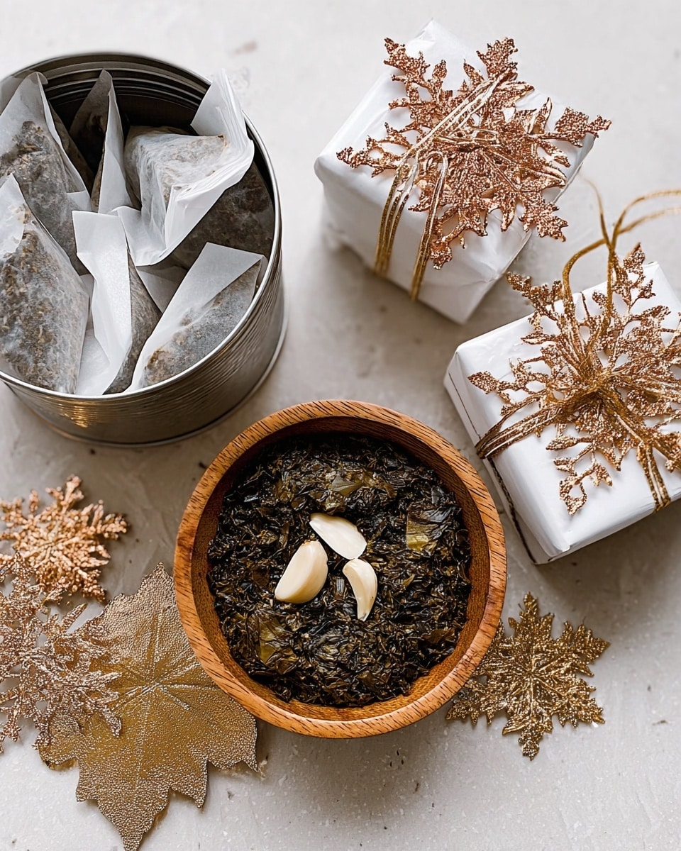 The image shows a wooden bowl with a dark green textured paste that looks like a thick seaweed or herb mixture, topped with a few whole garlic cloves in the center. To the left, there is a metal container filled with several white tea bags with loose leaves. On the right side, there are two white wrapped gift boxes with golden and copper decorative snowflake ornaments placed on top, and some golden leaf decorations nearby. All items are placed on a white marbled surface. photo taken with an iphone --ar 4:5 --v 7