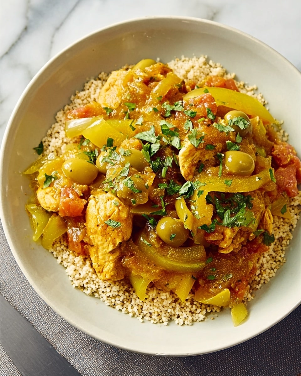 The dish shows a bowl with a base layer of light beige couscous, slightly grainy in texture, taking up the bottom half of the bowl. On top, there is a thick stew-like layer with pieces of cooked chicken, yellow and green bell peppers, chunks of tomato, and some green olives scattered throughout. The sauce is rich and yellowish-orange, coating the ingredients with bits of fresh chopped herbs sprinkled on top. The bowl is placed on a white marbled surface with a knife beside it. Photo taken with an iphone --ar 4:5 --v 7