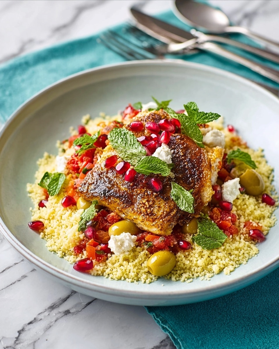 The dish shows a white plate filled with a base layer of light yellow couscous with a fine, fluffy texture. On top of the couscous is a piece of cooked fish with a golden-brown, crispy crust. Around the fish, there are green olives and small chopped red peppers adding bright color. White chunks of soft cheese are scattered on the edges, and fresh green mint leaves are placed on top for garnish. Red pomegranate seeds are spread across the dish adding small spots of vibrant red. The plate sits on a white marbled surface with a turquoise cloth and silver cutlery nearby. photo taken with an iphone --ar 4:5 --v 7