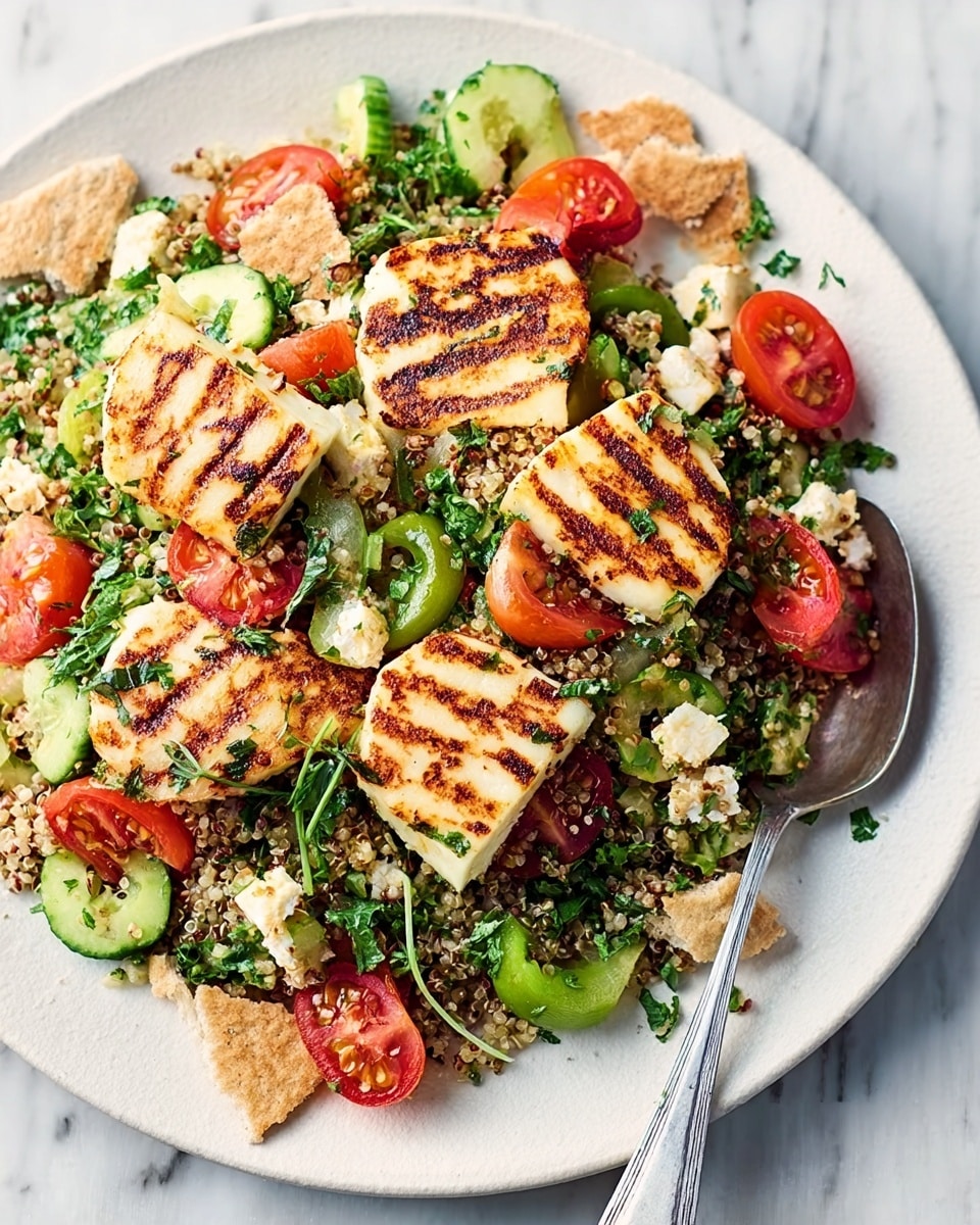 A white plate on a white marbled surface holds a colorful grilled halloumi salad. The base layer is a mix of small quinoa grains and chopped green leafy herbs. On top, there are slices of red cherry tomatoes, halved cucumber pieces, and green pepper slices scattered evenly. Grilled halloumi cheese pieces with clear dark brown grill marks are placed on the top in three groups, showing a golden brown color and slightly crispy texture. There are also small broken pieces of crispy flatbread spread lightly over the salad, adding a crunchy texture. A silver spoon is placed next to the plate. photo taken with an iphone --ar 4:5 --v 7