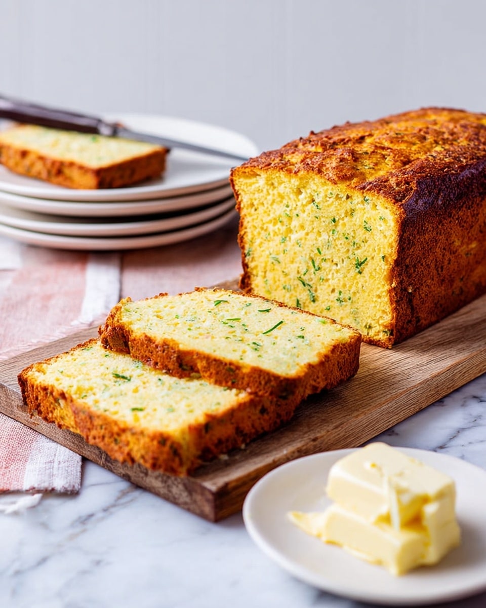 A golden-brown loaf of bread with a slightly rough and crispy crust sits on a wooden cutting board, with two thick slices cut and laid flat in front of it showing a soft, yellow interior with small green herb flecks evenly spread inside. In the background, a stack of white plates holds another slice of the bread, with a knife resting on the top plate. In the foreground, a small white plate with a chunk of light yellow butter is placed on a white marbled surface. The overall scene is bright and clean, emphasizing the bread’s texture and color. photo taken with an iphone --ar 4:5 --v 7
