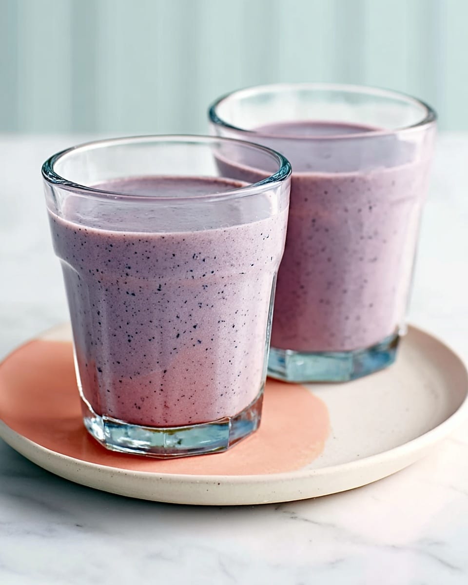 Two clear glasses filled with a thick, light purple smoothie with small dark specks inside. Each glass is set on a white plate with a soft peach center. The scene is placed on a white marbled surface with soft lighting, giving a fresh and clean look. photo taken with an iphone --ar 4:5 --v 7