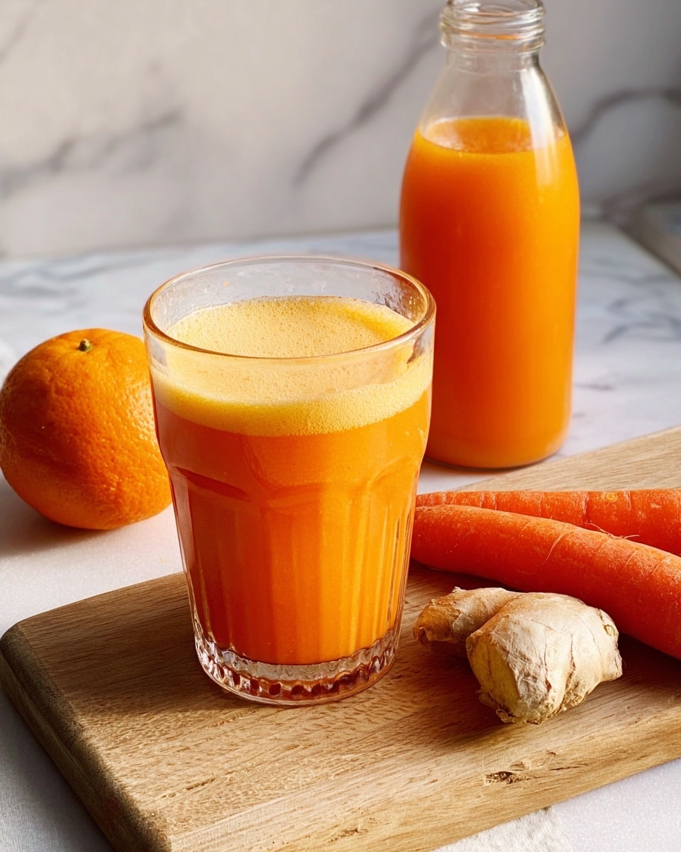 A clear glass is filled almost to the top with bright orange juice, sitting on a wooden cutting board. Behind the glass, a clear bottle contains more of the same orange juice, about half full. On the cutting board, next to the glass, there is a bright orange whole orange, two fresh orange carrots, and a piece of beige ginger root with a rough texture, all placed on a white marbled surface. The lighting is soft and natural, highlighting the fresh colors of the juice and ingredients. photo taken with an iphone --ar 4:5 --v 7