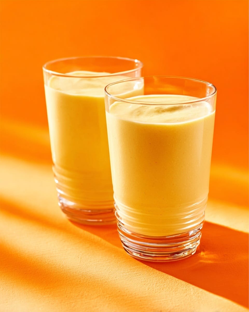 Two clear tall glasses filled with a creamy light yellow smoothie sit side by side on a white marbled surface, with soft horizontal lines rippling across the top layer of the drink. The background is bright orange, contrasting with the smooth texture of the smoothie. The light casts gentle shadows around the glasses, highlighting their clear smooth glass and the thick, rich look of the drink inside. photo taken with an iphone --ar 4:5 --v 7