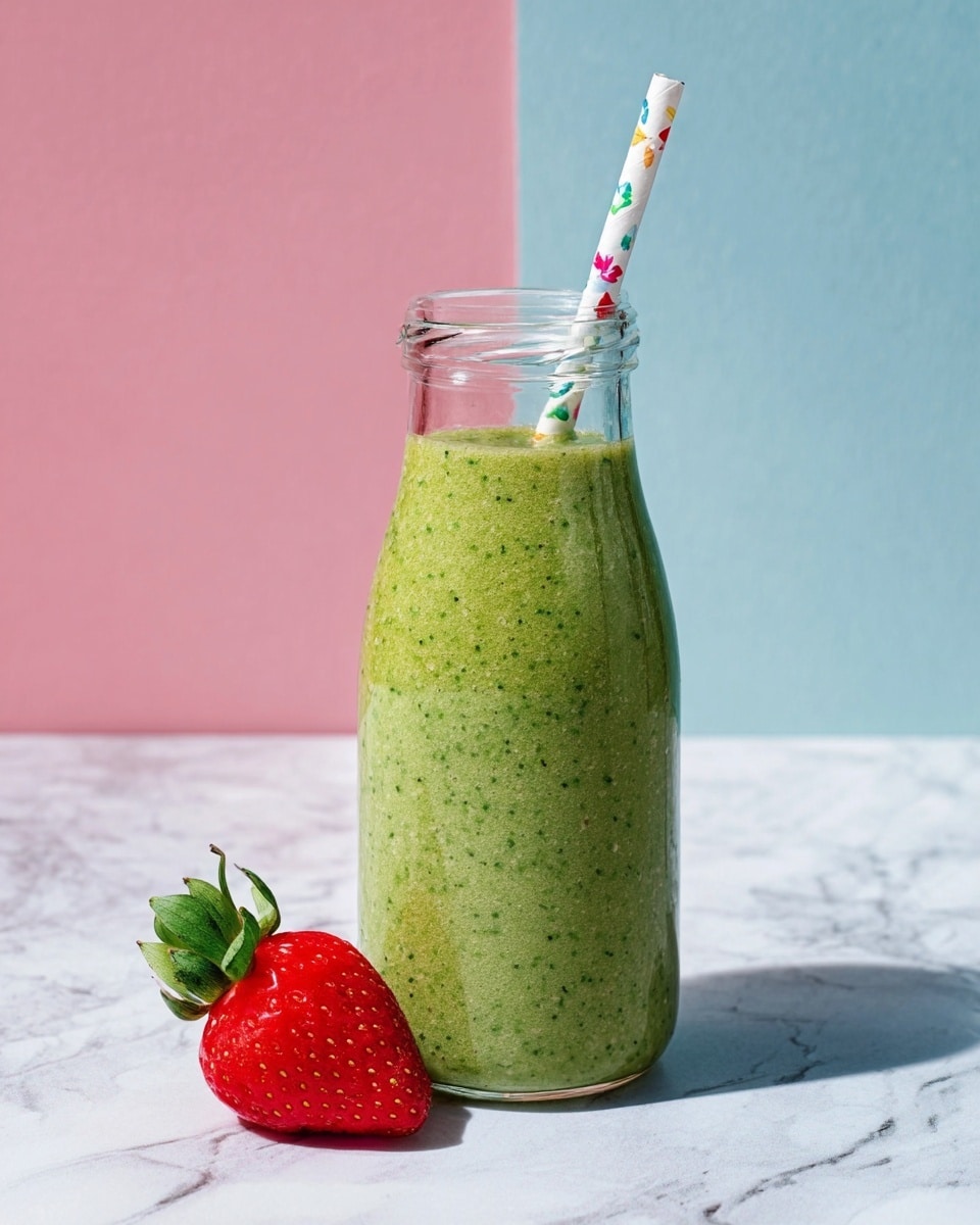 The image shows a clear glass bottle filled with a thick green smoothie with visible small bits inside, giving it a slightly textured look. A white paper straw with colorful patterns leans against the bottle on the right side. To the left of the bottle, a fresh red strawberry with green leaves sits on the white marbled surface. The background has a two-tone wall with light pink on the left and pale blue on the right. The whole scene is well lit with soft shadows. photo taken with an iphone --ar 4:5 --v 7