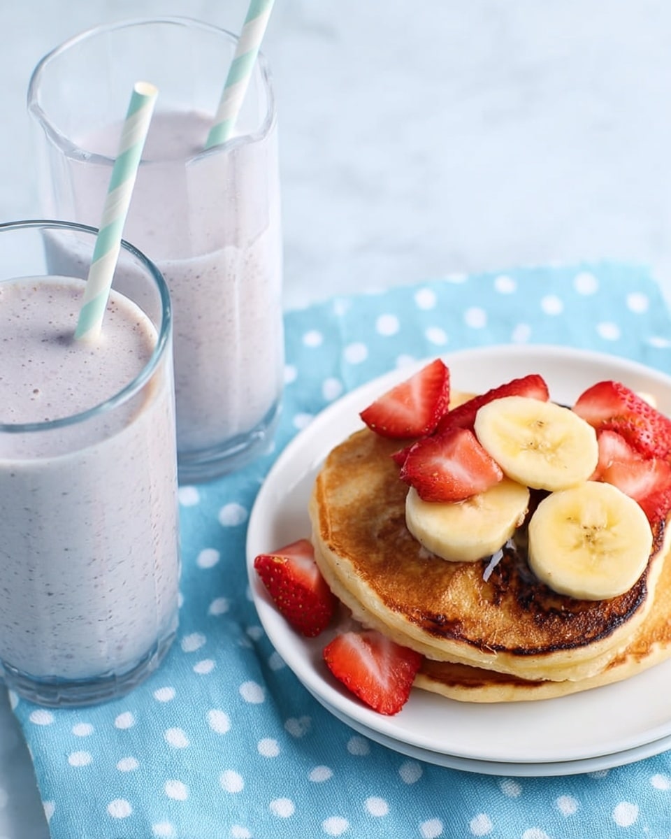 The image shows a white plate with a stack of two golden brown pancakes topped with sliced yellow bananas and red strawberries, placed on a soft blue cloth with white polka dots. Next to the plate are two clear glasses filled with a creamy light purple smoothie, each with a white and mint green striped straw. The background is a white marbled texture. photo taken with an iphone --ar 4:5 --v 7