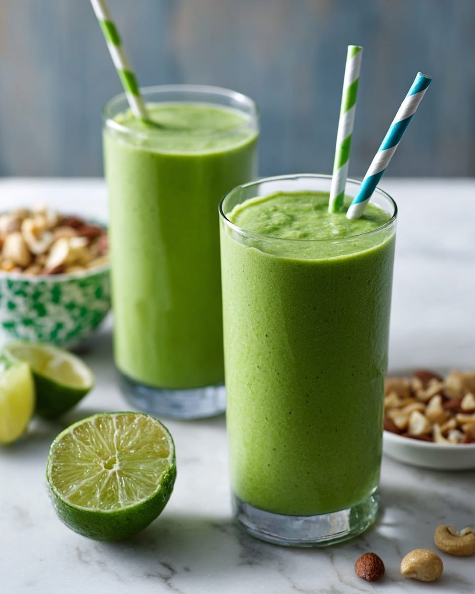 Two tall clear glasses filled with bright green smoothie that looks thick and creamy, each glass has a striped paper straw, one with green and white stripes and the other with blue and white stripes. The glasses are on a white marbled surface. Near them is a whole lime and a squeezed lime half, showing the inside texture. In the background, there is a white bowl with a green pattern filled with mixed nuts. The whole scene feels fresh and healthy, with soft natural light. Photo taken with an iphone --ar 4:5 --v 7