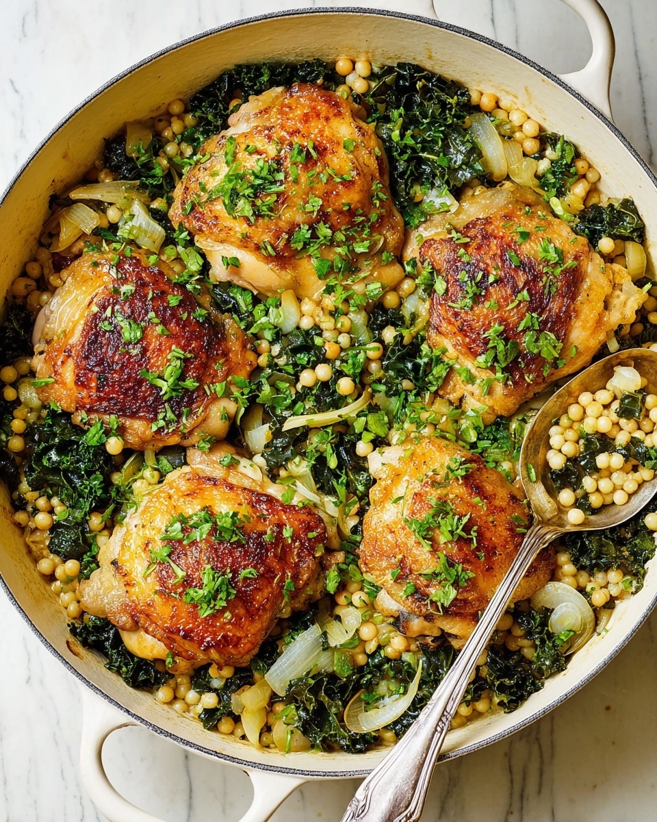 A white round pot holds a dish with four golden-brown chicken thighs placed on top. Below the chicken, there is a mix of small pale yellow couscous pearls and wilted dark green kale leaves, along with some translucent white onion pieces. The chicken pieces are sprinkled with finely chopped green herbs, adding a fresh touch. A large silver spoon rests in the pot, touching one of the chicken thighs. The pot sits on a white marbled surface. photo taken with an iphone --ar 4:5 --v 7