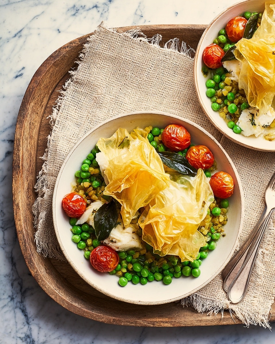 Two white bowls sit on a rustic wooden tray with a beige woven cloth under the top bowl, all placed on a white marbled surface. Each bowl contains a dish with three main parts: on one side, bright yellow crispy phyllo pastry folds, golden and flaky with a slightly shiny texture; on the other side, a mix of soft white fish pieces and deep green peas scattered throughout; nestling among the peas are vibrant roasted cherry tomatoes with a slight shine and a few deep green bay leaves adding color contrast. The colors of yellow pastry, green peas, white fish, and red tomatoes stand out vividly, showing a fresh, healthy, and inviting meal. Photo taken with an iphone --ar 4:5 --v 7