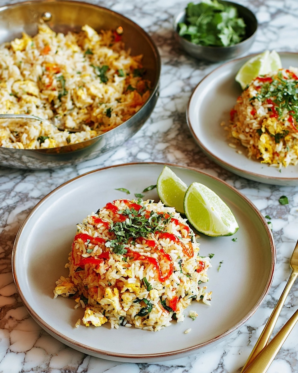 A close-up image of a serving of fried rice on a white round plate with a matte finish. The dish has one main layer of cooked rice mixed with small pieces of scrambled egg, green herbs, and finely chopped vegetables, showing a mix of light yellow, white, green, and red colors. This rice layer is topped with thin red sauce drizzles and chopped fresh green herbs. A lime wedge with bright green skin and pale green inside rests on the side of the plate. Nearby, there is a white round plate with lime halves and green herbs, along with a metal pan containing plain fried rice, garnished with scattered green leaves. The setting is on a white marbled textured surface. Photo taken with an iphone --ar 4:5 --v 7