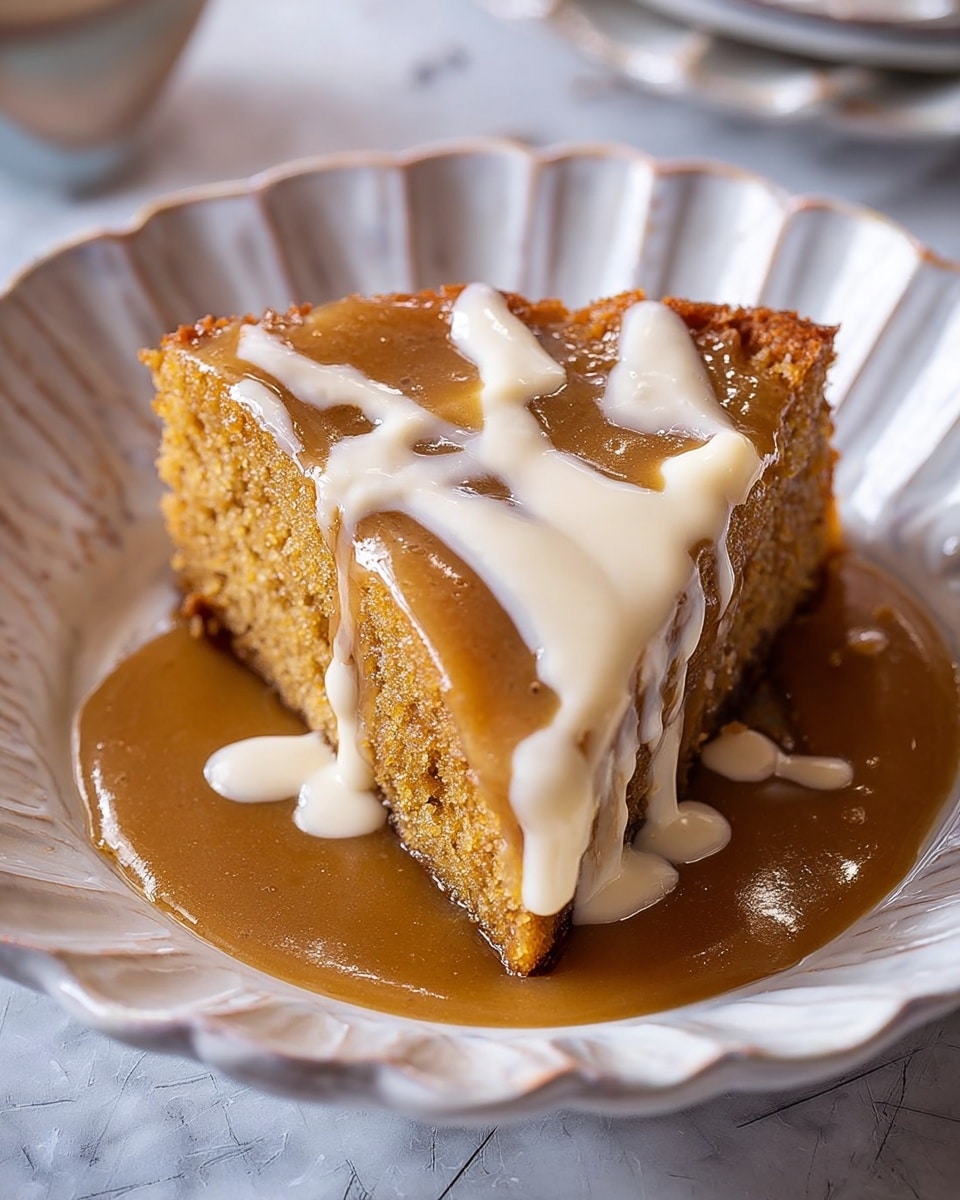 A single slice of light brown cake with a slightly crumbly texture sits in the center of a white scalloped bowl. The cake is topped with a thick layer of glossy caramel sauce, which also spreads around the base of the slice in the bowl. A drizzle of smooth white cream flows over one side of the cake and pools slightly on the surface beneath it, creating a contrast with the caramel. The bowl rests on a white marbled surface with soft lighting highlighting the creamy and rich textures. Photo taken with an iphone --ar 4:5 --v 7
