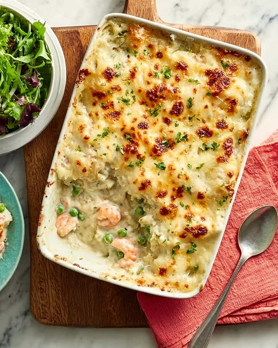 A rectangular white baking dish filled with a creamy baked casserole that has a golden-brown cheesy crust on top with browned spots and melted cheese bubbles. The casserole appears to have chunks of pink shrimp mixed into a creamy white sauce with green peas scattered throughout, creating a mix of white, pink, and green colors. One corner of the casserole is scooped out, showing thick creamy layers beneath the crispy top. The dish is placed on a wooden board on a white marbled surface, near a silver spoon and a white bowl filled with green leafy salad, with a coral-colored cloth napkin beside it. photo taken with an iphone --ar 4:5 --v 7