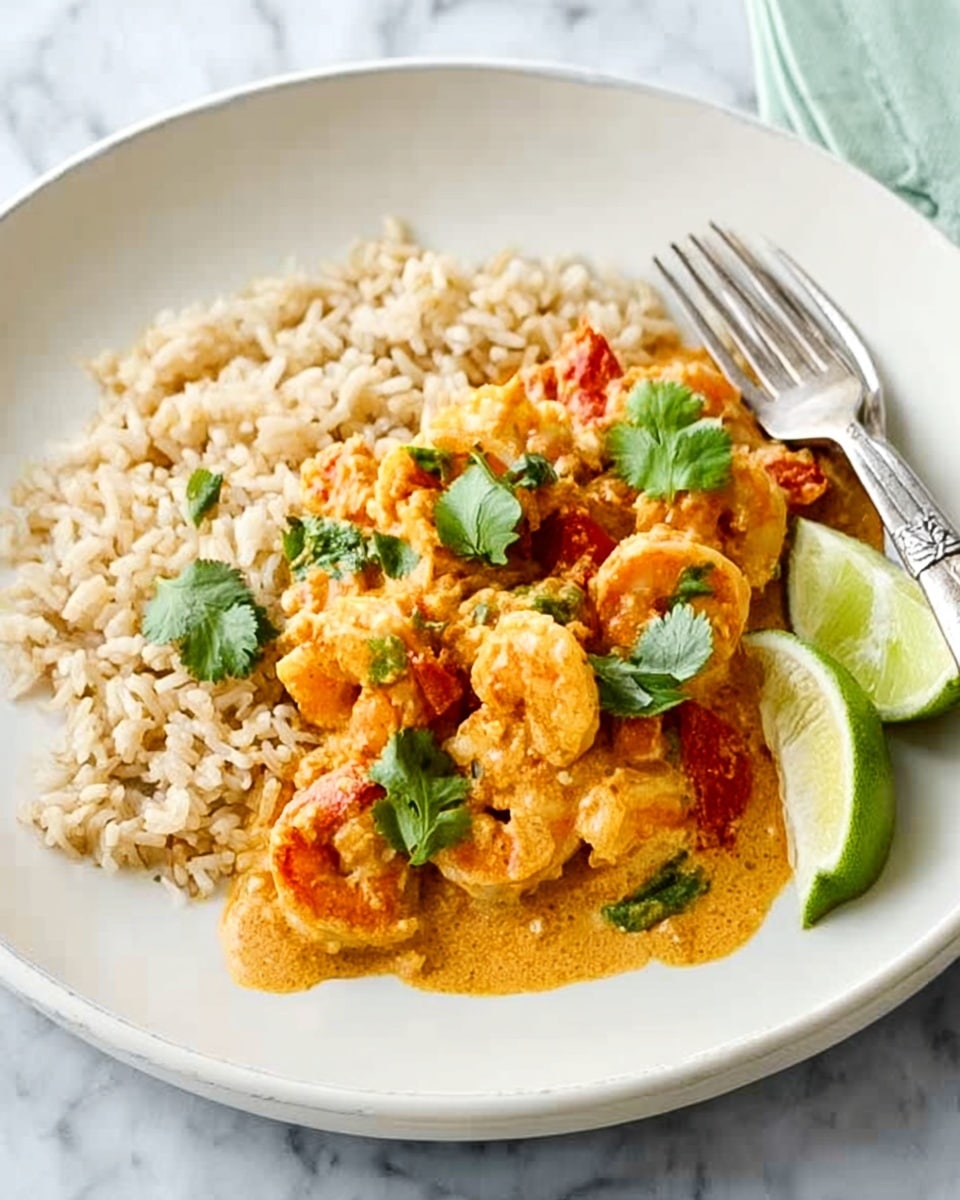 The image shows a white plate with a base layer of light brown rice spread evenly. On top of the rice, there is a thick layer of creamy orange curry with pieces of shrimp that are a bright orange-red color. Small green cilantro leaves are scattered on the curry, adding a fresh contrast. A lime wedge is placed to the right side of the plate. The plate sits on a white marbled surface, and a silver fork and knife are placed in the foreground. Photo taken with an iphone --ar 4:5 --v 7