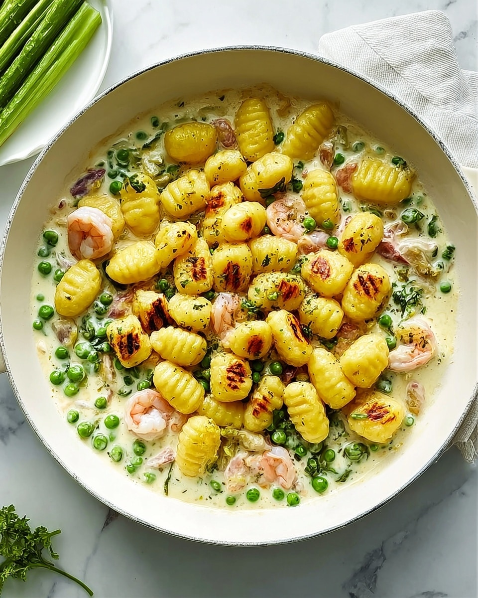 The image shows a white pan filled with a creamy mixture topped with golden-yellow gnocchi that have slight grill marks. Beneath the gnocchi is a white creamy sauce with green peas and a few small shrimp, giving a mix of colors with the yellow, green, and pinkish hues. The pan is placed on a white marbled surface, with some green vegetable stalks on a white plate visible nearby. photo taken with an iphone --ar 4:5 --v 7