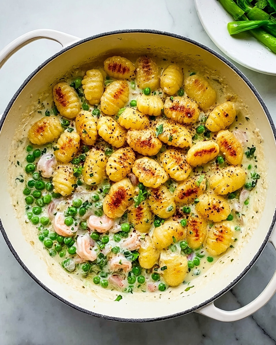 A round white pan filled halfway with three layers of food: at the bottom are small green peas and some pink shrimp scattered unevenly; the middle layer shows a creamy white sauce mixing with the peas and shrimp; the top layer has yellow gnocchi browned with grill marks, sprinkled with seasoning. The pan sits on a white marbled surface; to the right, a partial view of a white plate with green vegetables is visible. Photo taken with an iphone --ar 4:5 --v 7