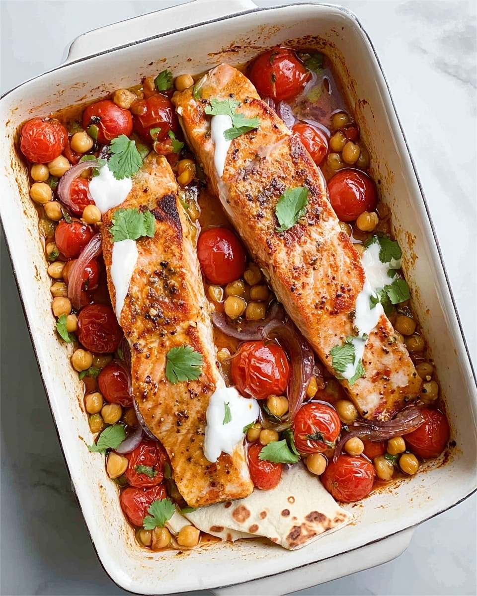 A white rectangular baking dish contains two cooked salmon fillets placed side by side, each showing a golden-brown surface with a slight crispy texture. Surrounding the salmon are layers of round, bright red cherry tomatoes and creamy chickpeas spread evenly across the dish. Thin slices of browned onion and dollops of white sauce are scattered on top, garnished with a few green cilantro leaves for color contrast. At the edges, pieces of flatbread are tucked partially into the dish, adding a soft, light beige texture with small black seeds. The dish sits on a white marbled surface. Photo taken with an iphone --ar 4:5 --v 7