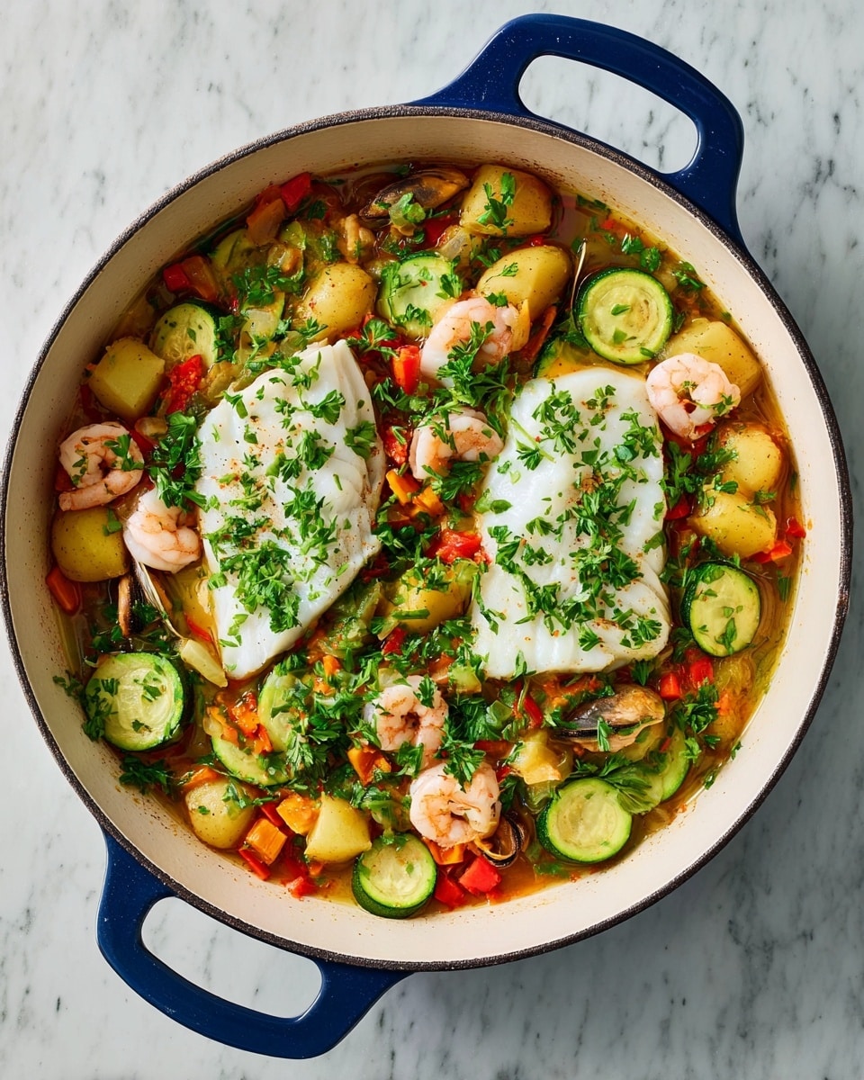 The image shows a white enamel pan with blue handles on a white marbled surface, filled with a colorful seafood stew. The base layer has a mix of green zucchini slices, small chopped yellow potatoes, red bell pepper pieces, and orange mussels, all cooked in a light broth with some green herbs scattered throughout. On top of this, there are two white fish fillets that look soft and moist, each garnished with freshly chopped green parsley. Around the fish, small pink shrimp add more texture and color, blending with the other ingredients to create a vibrant and fresh look. Photo taken with an iphone --ar 4:5 --v 7