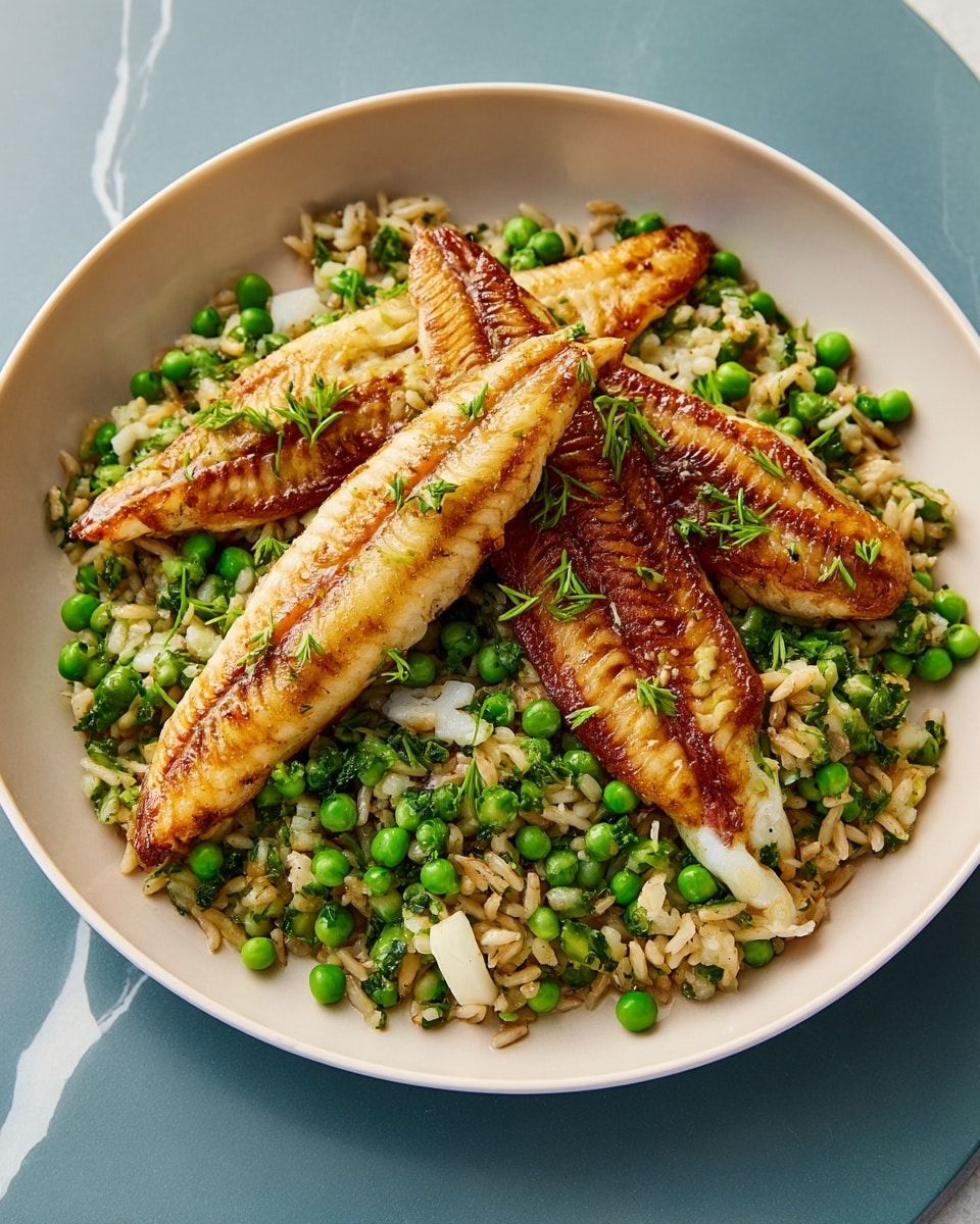 A round white bowl contains a dish with three long, golden-brown grilled fish fillets placed on top. Below the fish fillets is a layer of cooked brown rice mixed with bright green peas and chopped green onions, creating a colorful and textured base. The overall look shows the fish slightly flaky with a crisp outer layer, resting neatly on the fresh vegetable and rice mix, with a soft, white marbled surface underneath. Photo taken with an iphone --ar 4:5 --v 7