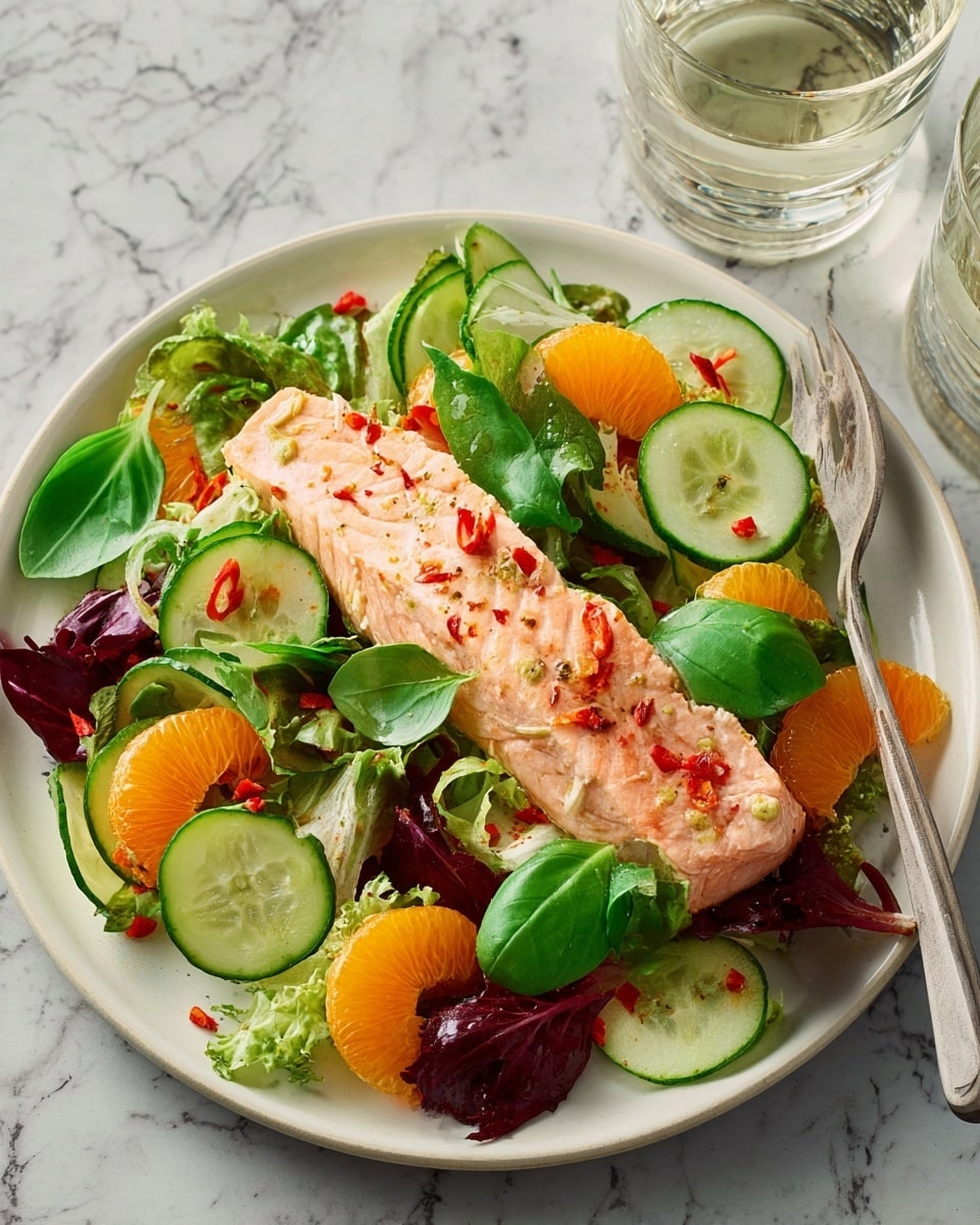 A white round plate holds a fresh salad topped with a cooked pink salmon fillet in the center. Beneath the salmon, there are layers of mixed green and purple leafy vegetables. Scattered on top and around the salmon are bright orange mandarin slices, light green thinly sliced cucumber rounds, and small red chili flakes adding a pop of color. The plate sits on a white marbled surface with a clear glass of water and a fork nearby. Photo taken with an iphone --ar 4:5 --v 7