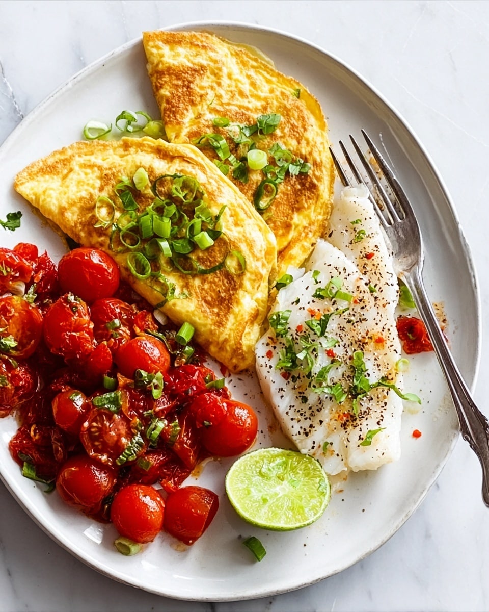 A white oval plate sits on a white marbled surface, holding a meal divided into three parts: two folded golden-yellow omelette quarters sprinkled with chopped green onions on the left, a pile of bright red cooked cherry tomatoes garnished with chopped green herbs positioned next to the omelette in the middle, and a piece of white, flaky fish seasoned with black pepper and topped with a few green herb leaves on the right, accompanied by a small lime wedge. A fork rests on the right edge of the plate. Photo taken with an iphone --ar 4:5 --v 7