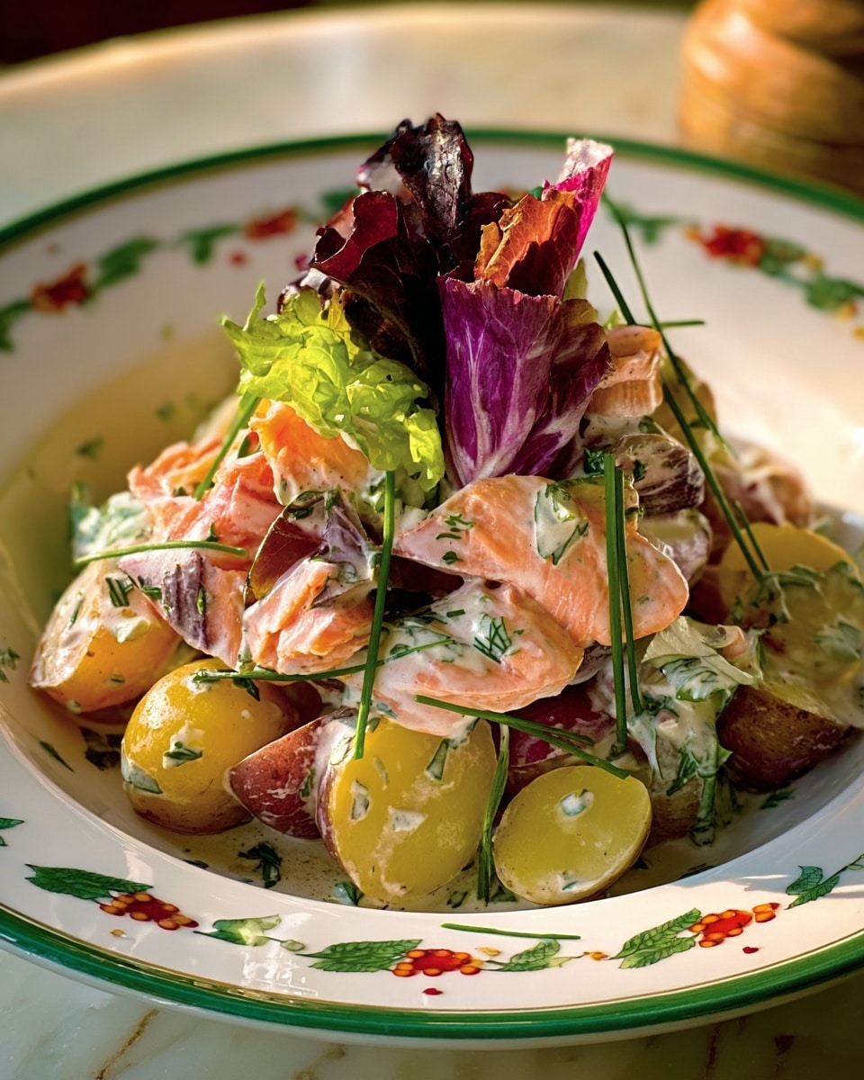The dish is served in a white bowl with a green leaf and red berry design around the rim. It has several layers starting with small, round, yellow and white potatoes at the base, showing a smooth texture. On top of this base, there are pieces of pink smoked salmon draped softly and creamy white sauce with visible green herbs mixed throughout. Scattered around are various green and purple lettuce leaves, adding a crisp and leafy texture, some upright and adding height to the dish. Thin green chives are placed among the layers, giving a fresh and sharp look. The entire dish looks colorful with green, pink, purple, yellow, and white tones, with each layer visible but mixed naturally. The photo is taken on a white marbled surface in warm light, photo taken with an iphone --ar 4:5 --v 7