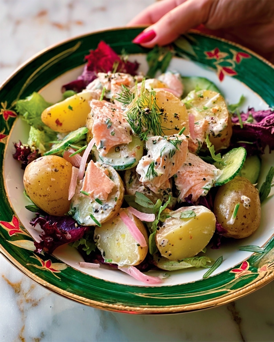 A colorful salad served in a deep white plate with a green and red leaf pattern on the rim. The salad has several layers starting with whole small potato pieces at the bottom, showing a light beige and yellow color with smooth textures. On top of the potatoes are chunks of pale pink salmon mixed with a creamy white dill sauce speckled with green herbs. Bright green chives and red-purple leafy lettuce pieces add pops of fresh color scattered around. There are also slices of green cucumber and some thin light pink pickled ginger pieces. The background is a white marbled surface and a woman's hand is gently touching the edge of the plate. Photo taken with an iphone --ar 4:5 --v 7