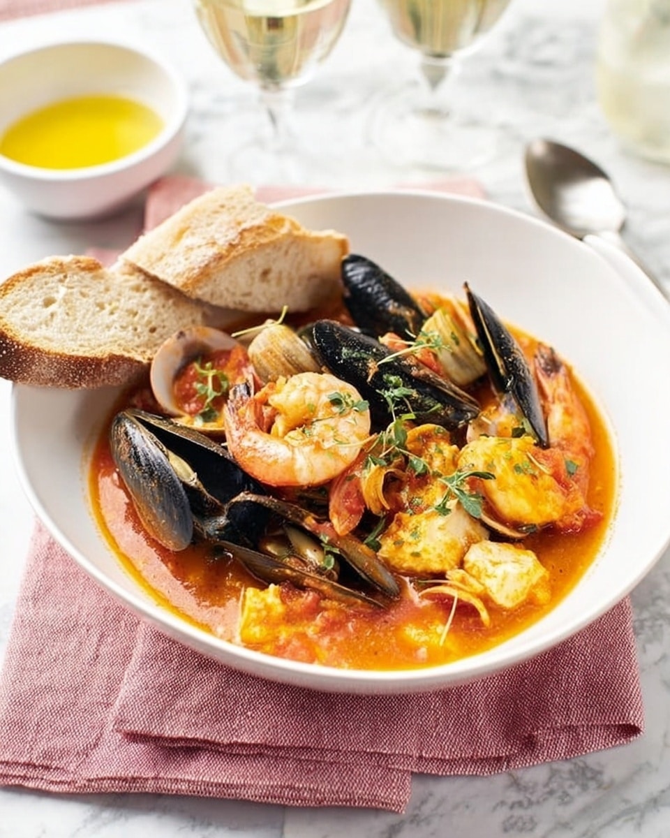 A white bowl filled with a rich orange-red seafood stew that has multiple layers of seafood including black mussels with shiny shells positioned upright, pink shrimp, pieces of white fish, and clams, all mixed in a thick, slightly chunky tomato-based broth. The seafood is topped with fresh green herbs scattered lightly. The bowl sits on a pink cloth napkin placed on a white marbled surface. To the left of the bowl, there are two slices of crusty bread leaning on the bowl's edge. In the background, there is a small white bowl with yellow sauce and a glass of white wine slightly out of focus. Photo taken with an iphone --ar 4:5 --v 7