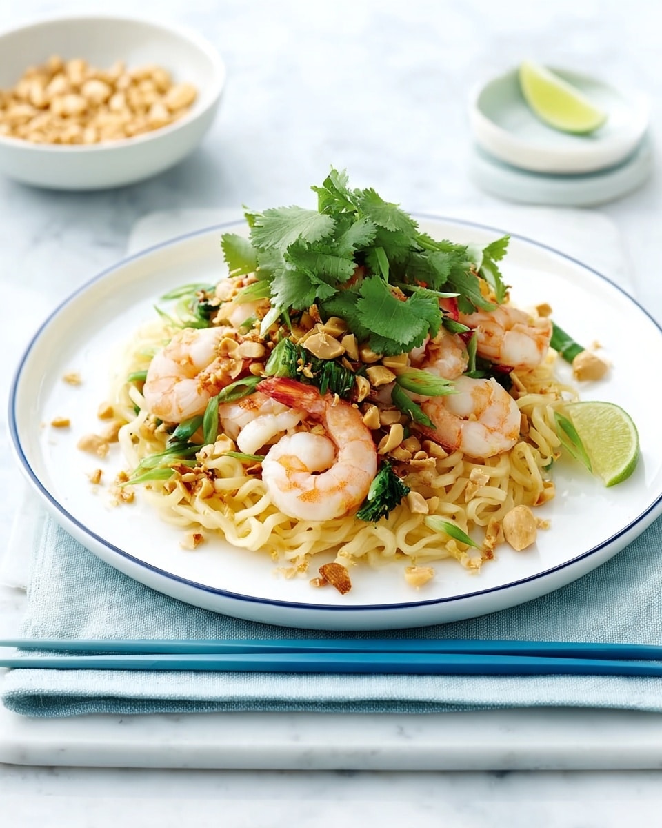 A white round plate with a thin blue edge holds a dish of cooked pale yellow noodles layered at the bottom, topped with pink cooked shrimp scattered evenly. Green chives and small bright green lime wedges add color on top, along with fresh cilantro leaves and small tan crushed peanuts sprinkled over everything. The plate is set on a white marbled surface, with a pair of blue chopsticks in front and a white bowl filled with more crushed peanuts blurred in the background, next to a folded light blue cloth. Photo taken with an iphone --ar 4:5 --v 7