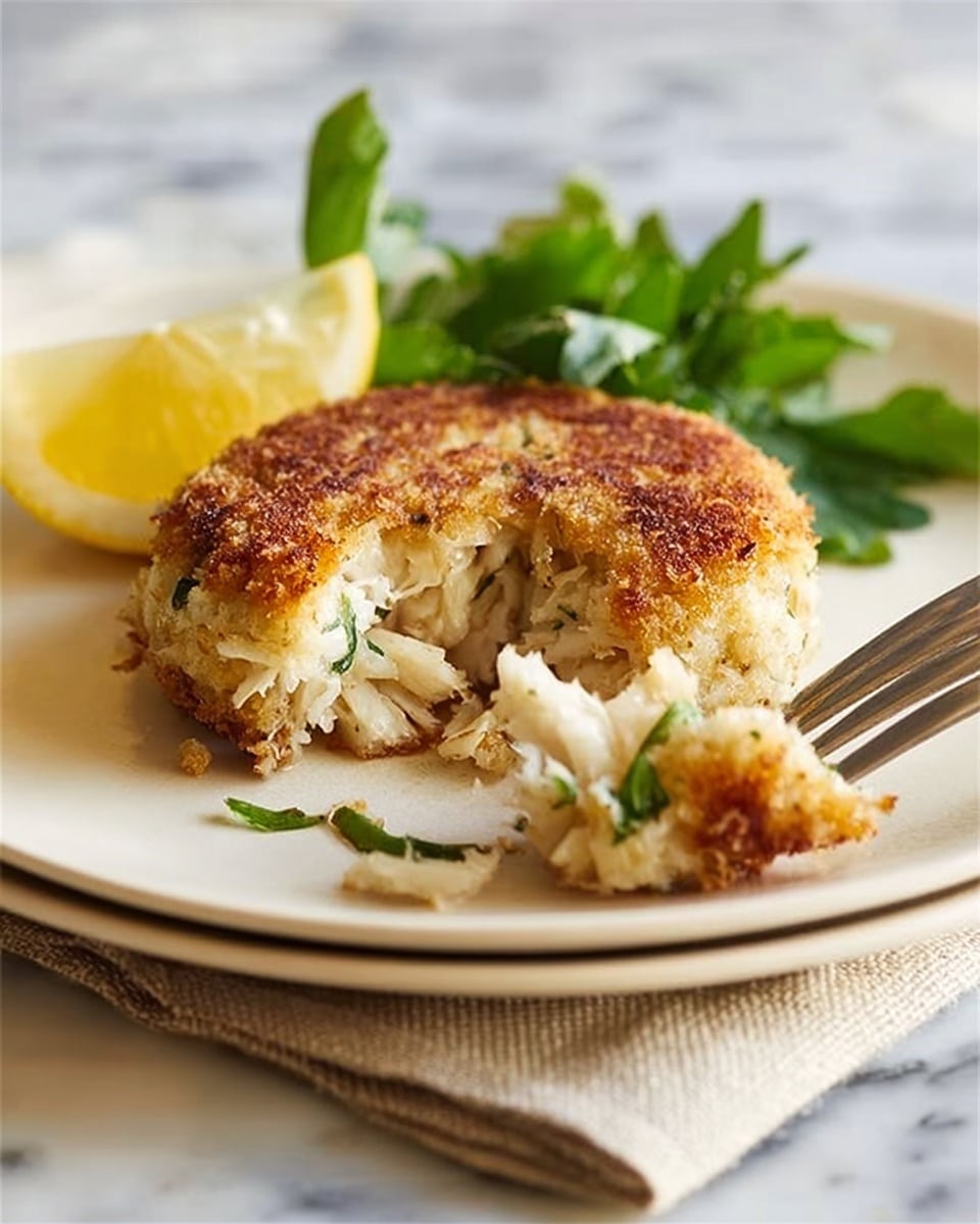 The image shows a single golden-brown crab cake with a crispy, crumbly outside layer sitting on a white plate on top of a beige cloth. The crab cake is slightly broken open, revealing a soft, white, flaky inside with bits of green herbs. A fork is placed inside the crab cake, lifting a piece to the side. Behind the crab cake, there is a small bunch of fresh green leaves and a bright yellow lemon wedge on the plate. The background surface is a white marbled texture. Photo taken with an iphone --ar 4:5 --v 7